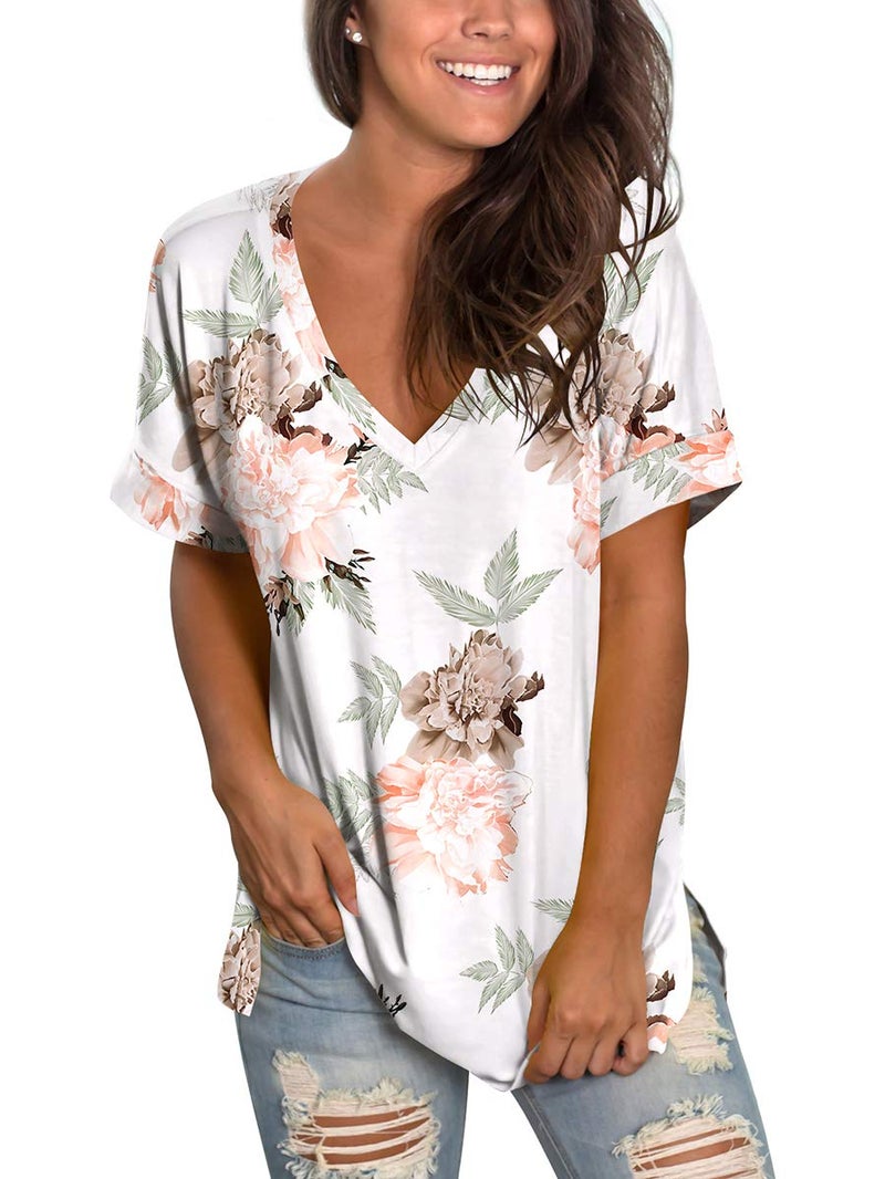 SAMPEEL Floral Summer Tops for Women Short Sleeve Tee Shirts V Neck Rose Flower High Low L - Image 1